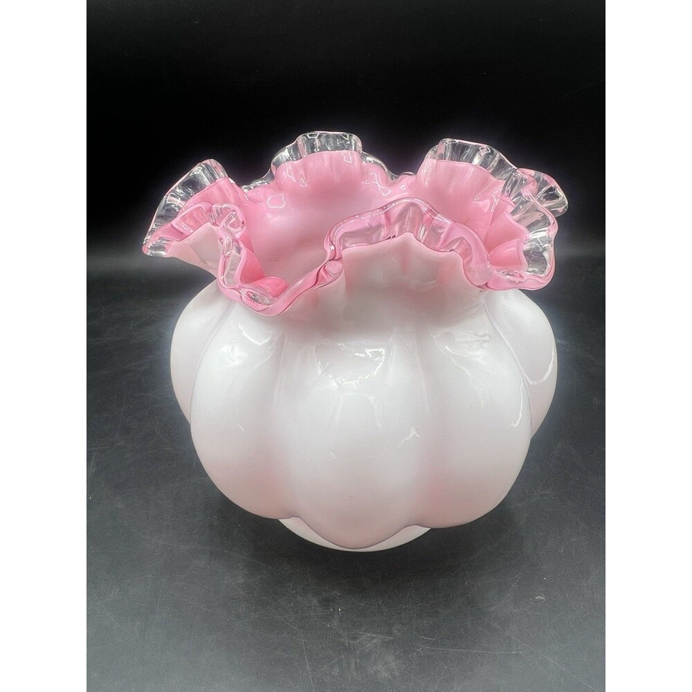 Fenton Peach Crest White Cased Melon Vase Pink Interior Crimped Ruffle Rim 5½”